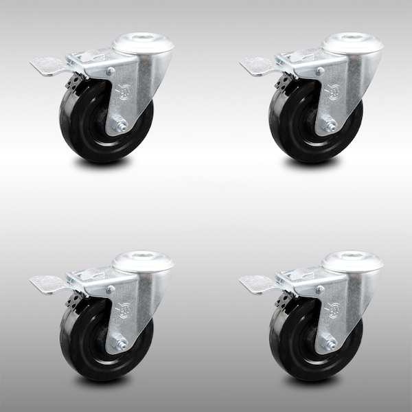 4 Inch SS Hard Rubber Wheel Swivel Bolt Hole Caster Set with Total Lock Brake